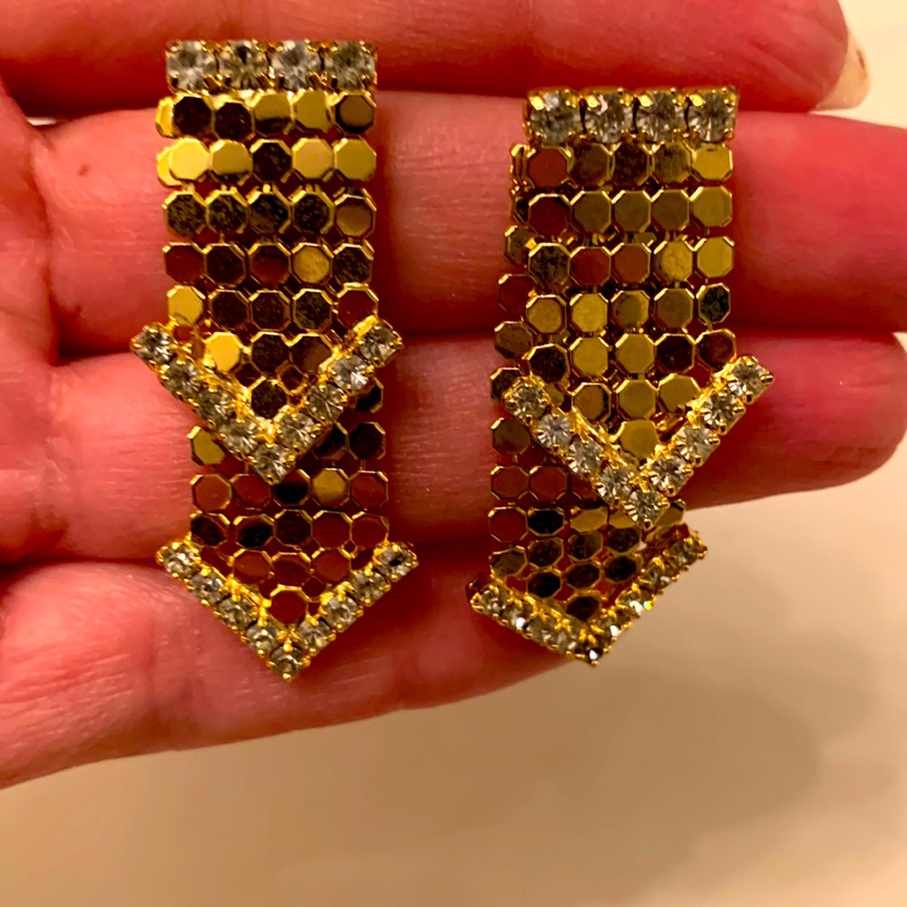 Gorgeous dangly gold and rhinestone earring very shiny bling drop earrings